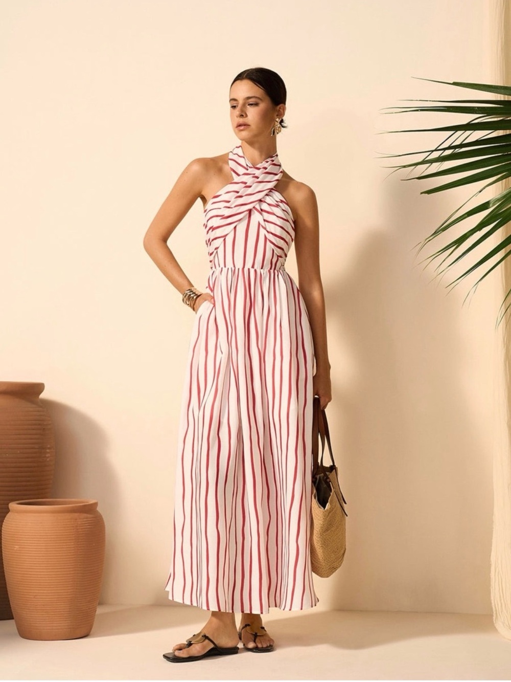 Commense White Maxi Dress with Red Vertical Stripes